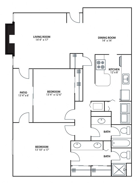 Floor plan for 2 beds, 2 baths, 1390 sqft